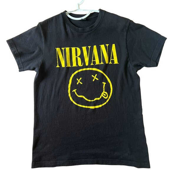 Nirvana Smiley Face T-Shirt Unisex Size Medium Black and Yellow - Picture 1 of 5